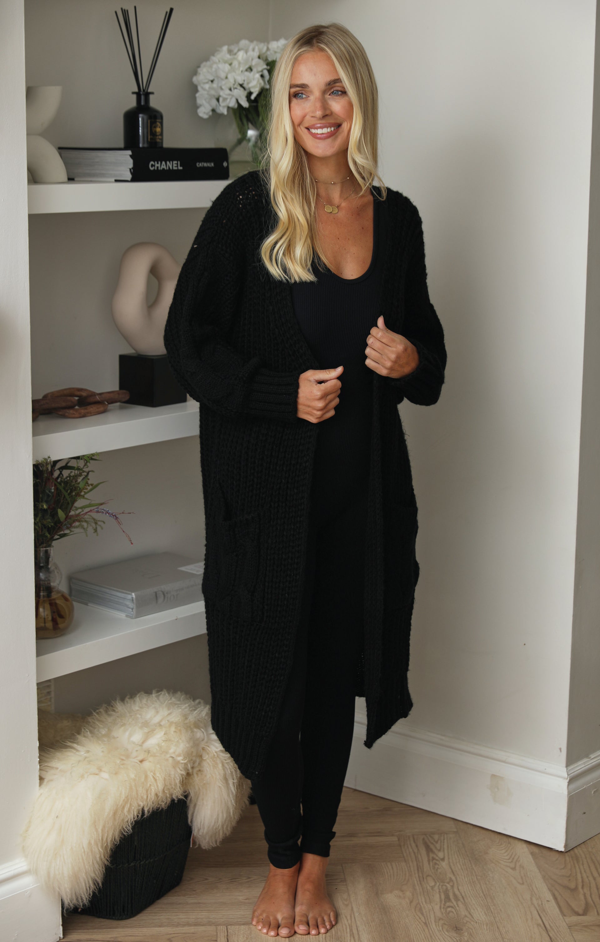 Ladies Black Cable Chunky Knit Soft Touch Mid Length Cardigan with Pockets - Emily - Nova Notte