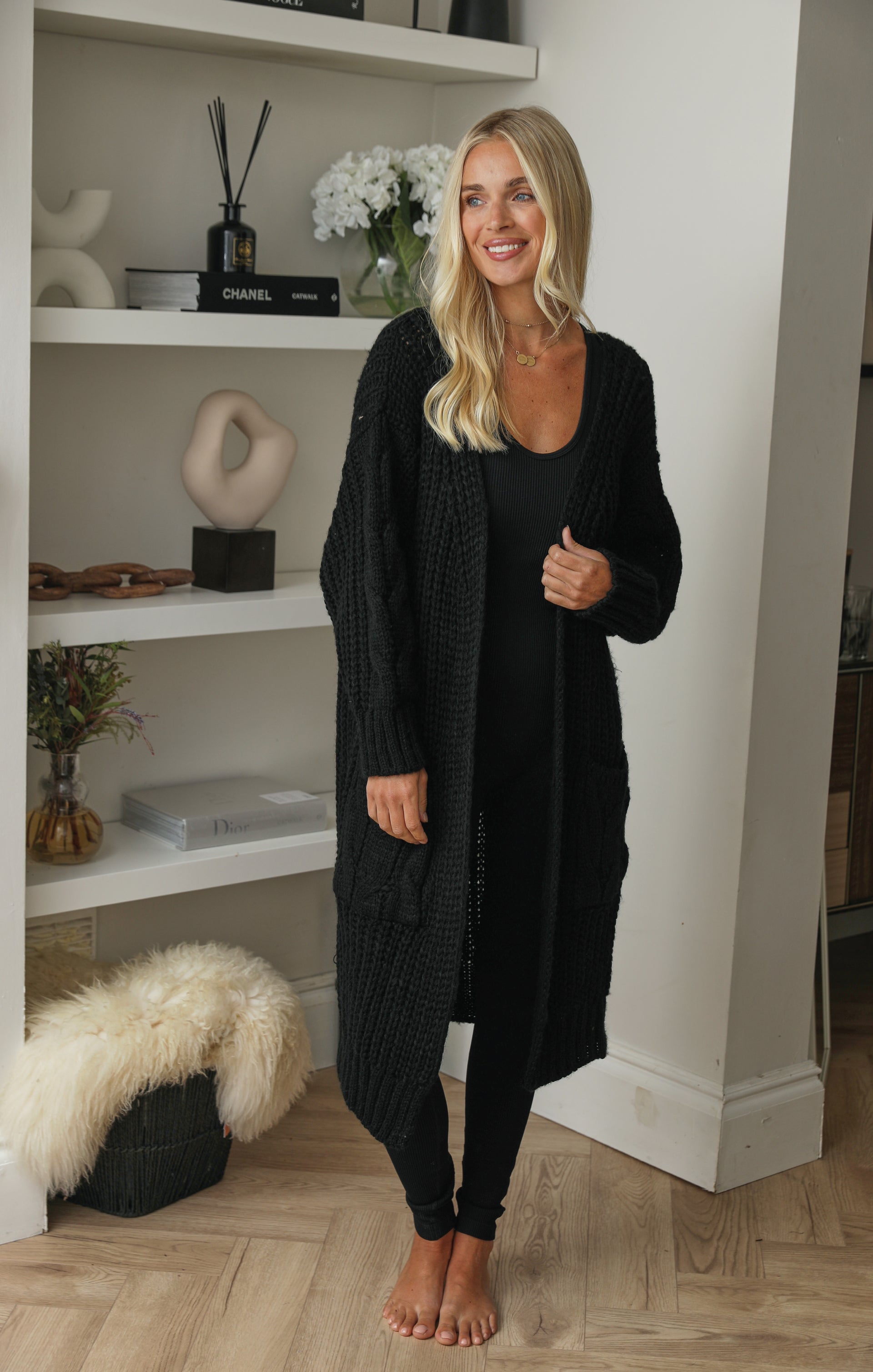 Ladies Black Cable Chunky Knit Soft Touch Mid Length Cardigan with Pockets Emily Nova Notte