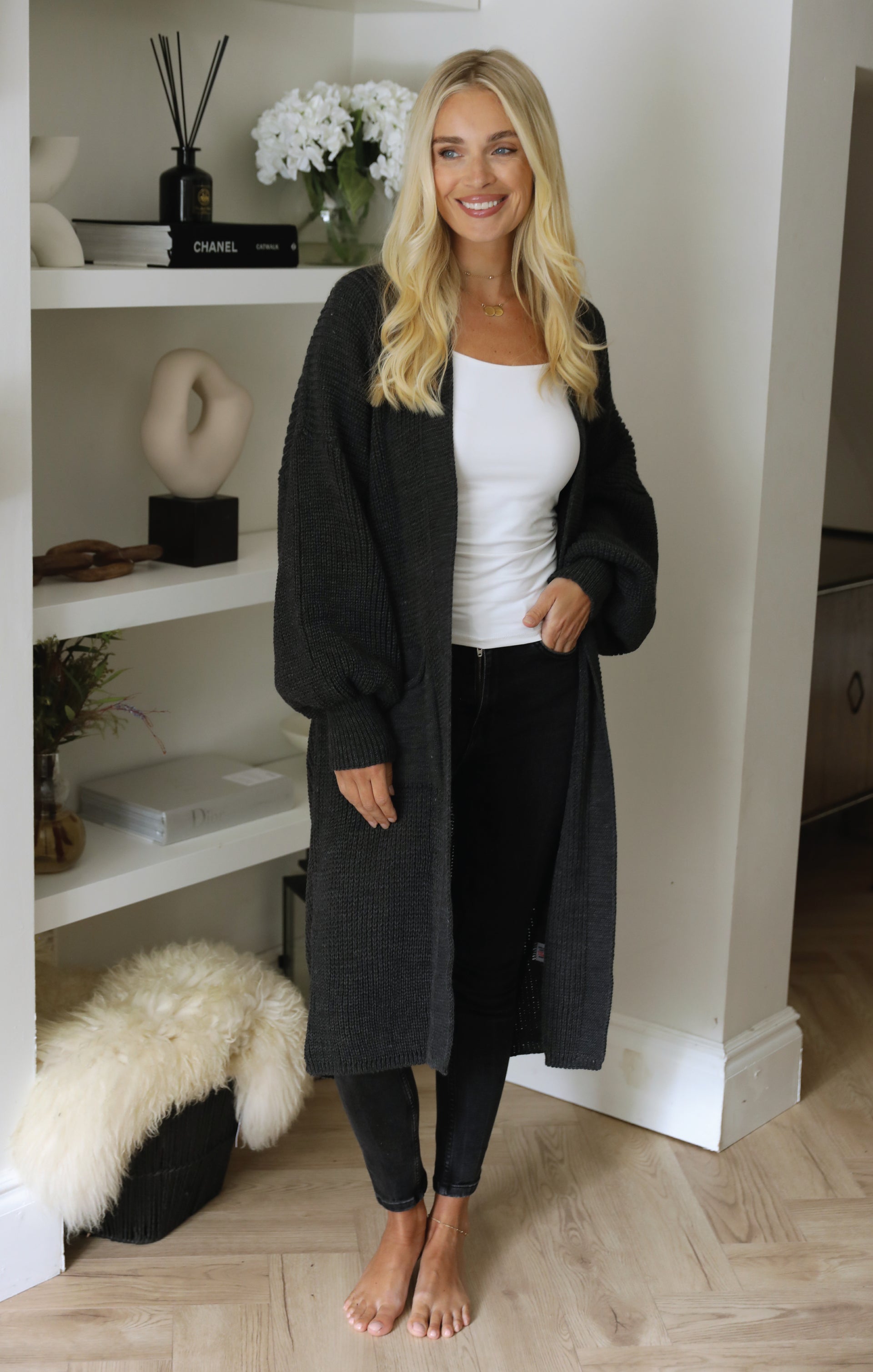 Ladies Charcoal Balloon Sleeve Oversized Drape Chunky Knitted Cardigan - Olivia - Nove Notte