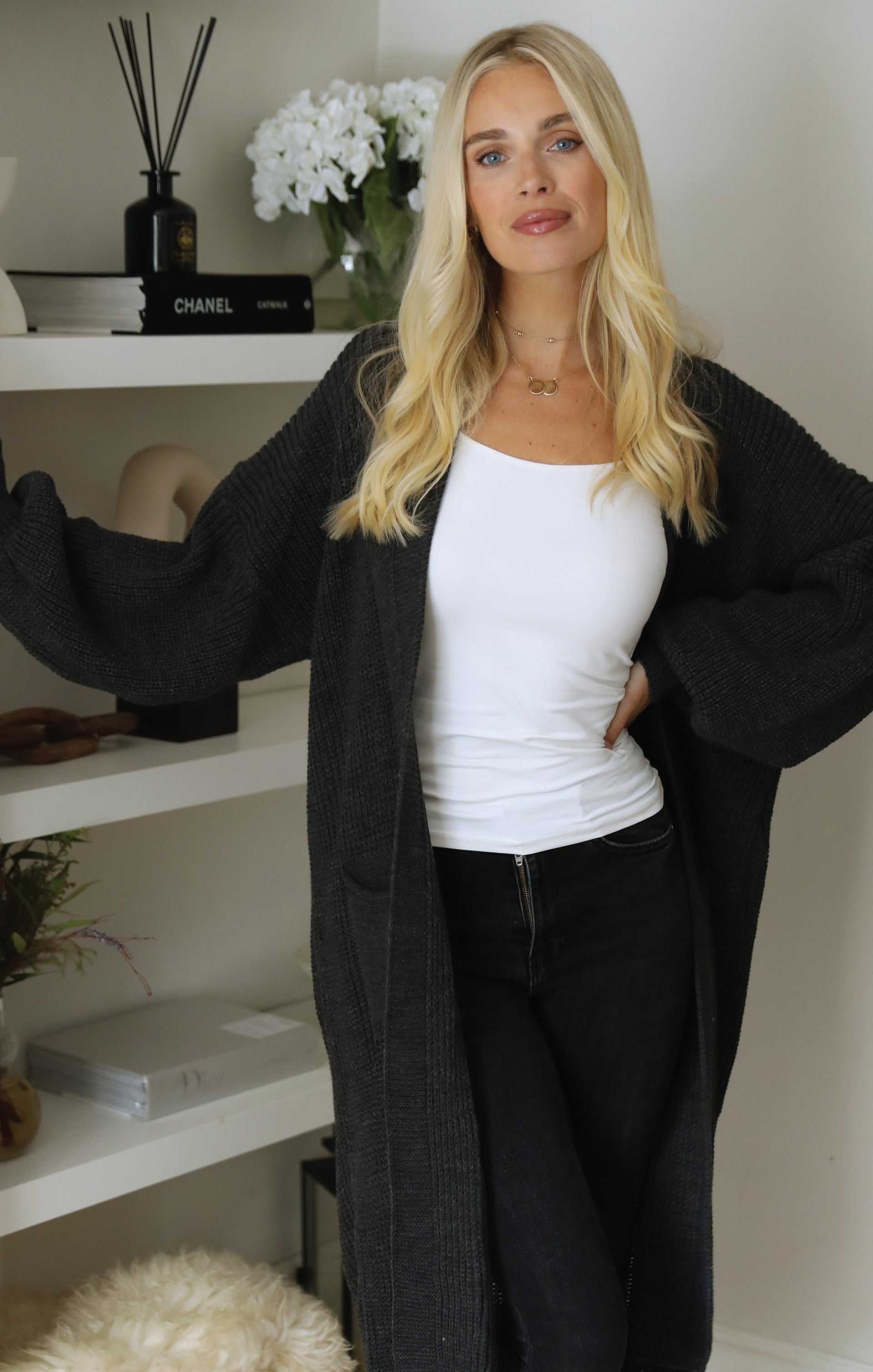 Ladies Charcoal Balloon Sleeve Oversized Drape Chunky Knitted Cardigan - Olivia - Nove Notte