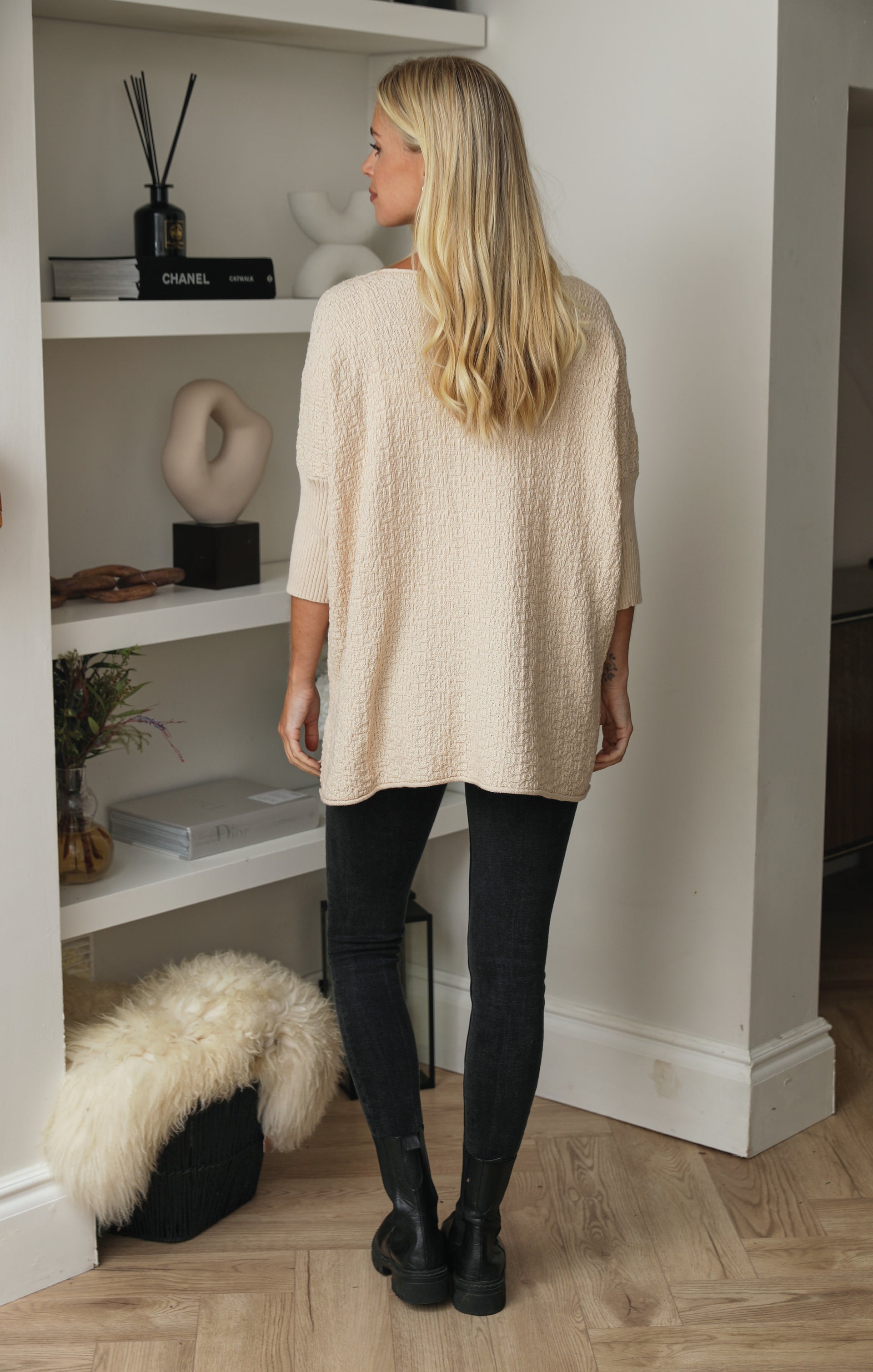 Ladies Cream Luxury Textured Knit 3/4 Sleeve Pocket Detail Swing Jumper - Penelope - Nova Notte