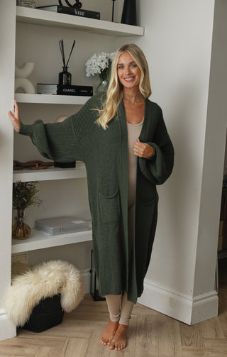 Ladies Khaki Balloon Sleeve Oversized Drape Chunky Knitted Cardigan - Olivia - Nova Notte