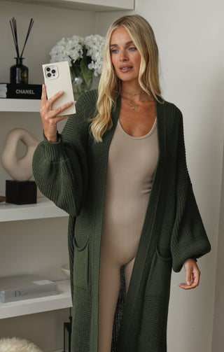 Ladies Khaki Balloon Sleeve Oversized Drape Chunky Knitted Cardigan - Olivia - Nova Notte