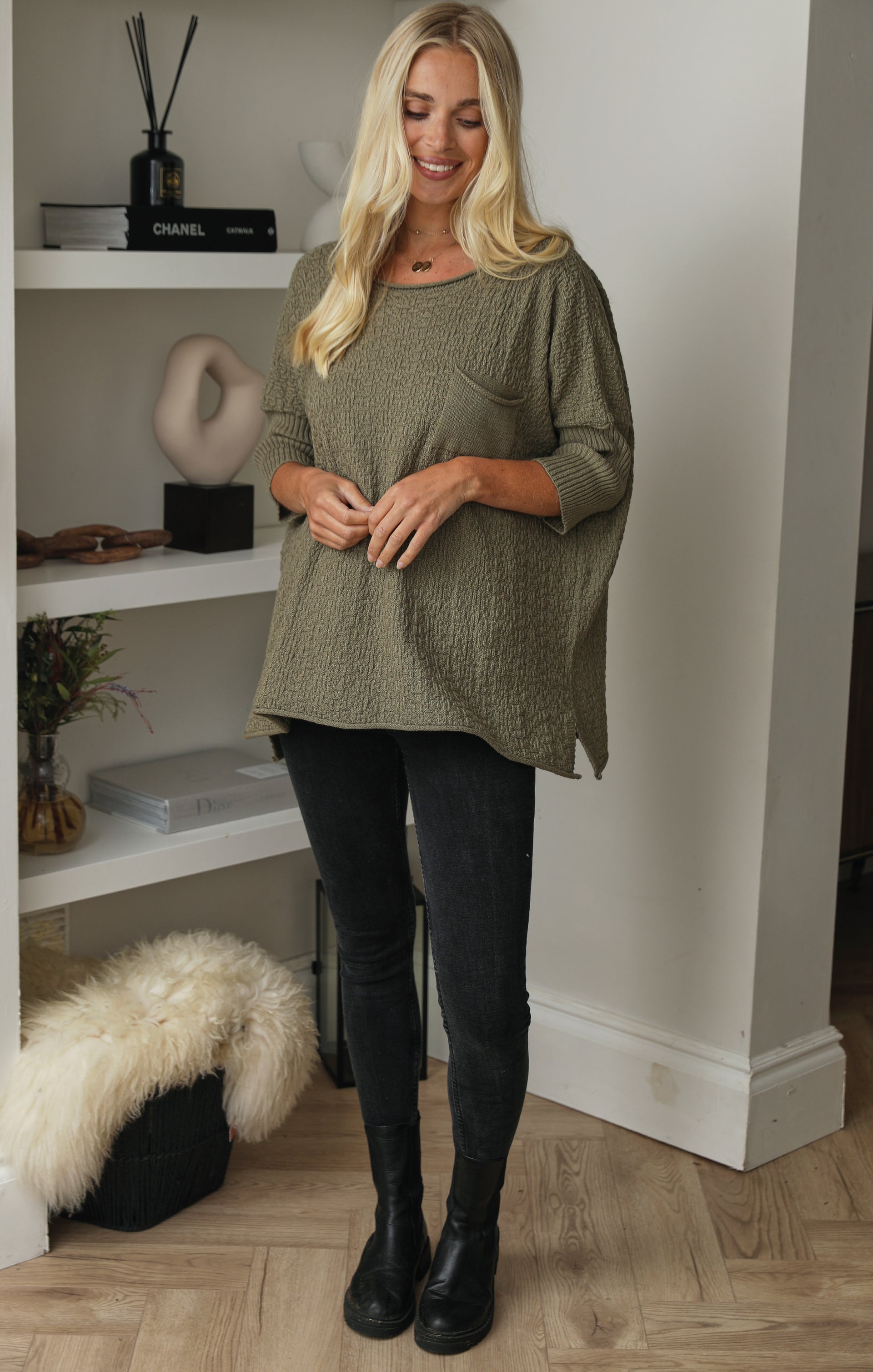 Ladies Khaki Luxury Textured Knit 3/4 Sleeve Pocket Detail Swing Jumper - Penelope - Nova Notte