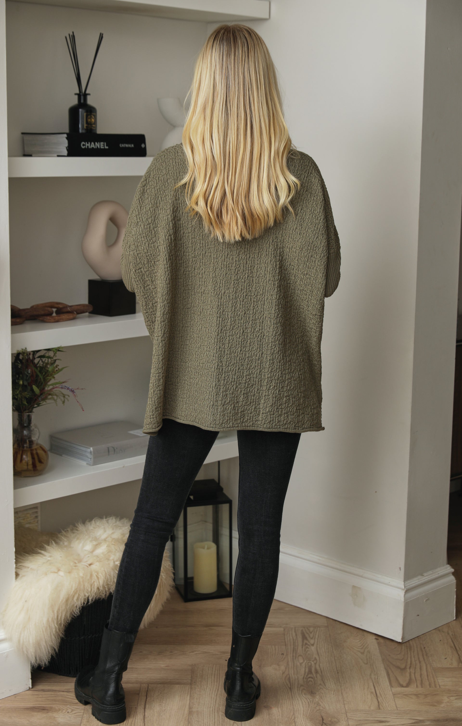 Ladies Khaki Luxury Textured Knit 3/4 Sleeve Pocket Detail Swing Jumper - Penelope - Nova Notte