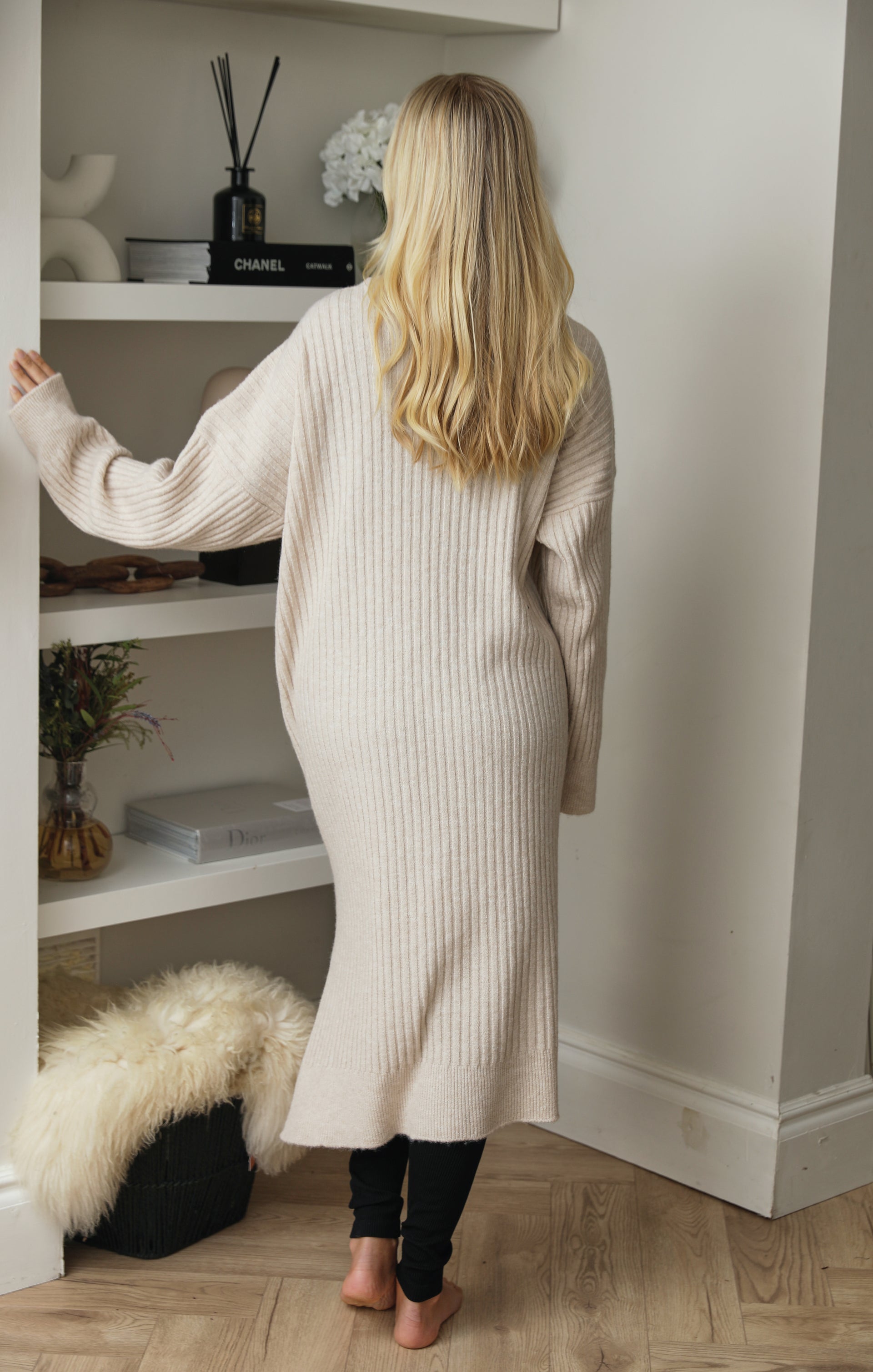 Ladies Pale Sand Luxury Soft Touch Rib Knitted Side Split Long Sleeve Longer Line Cardigan - Chloe - Nova Notte