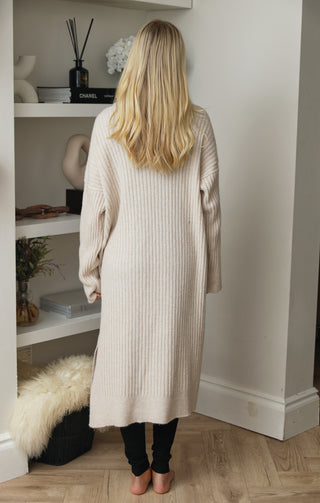 Pale Sand Luxury Soft Touch Rib Knitted Side Split Long Sleeve Longer Line Cardigan - Chloe - Nova Notte