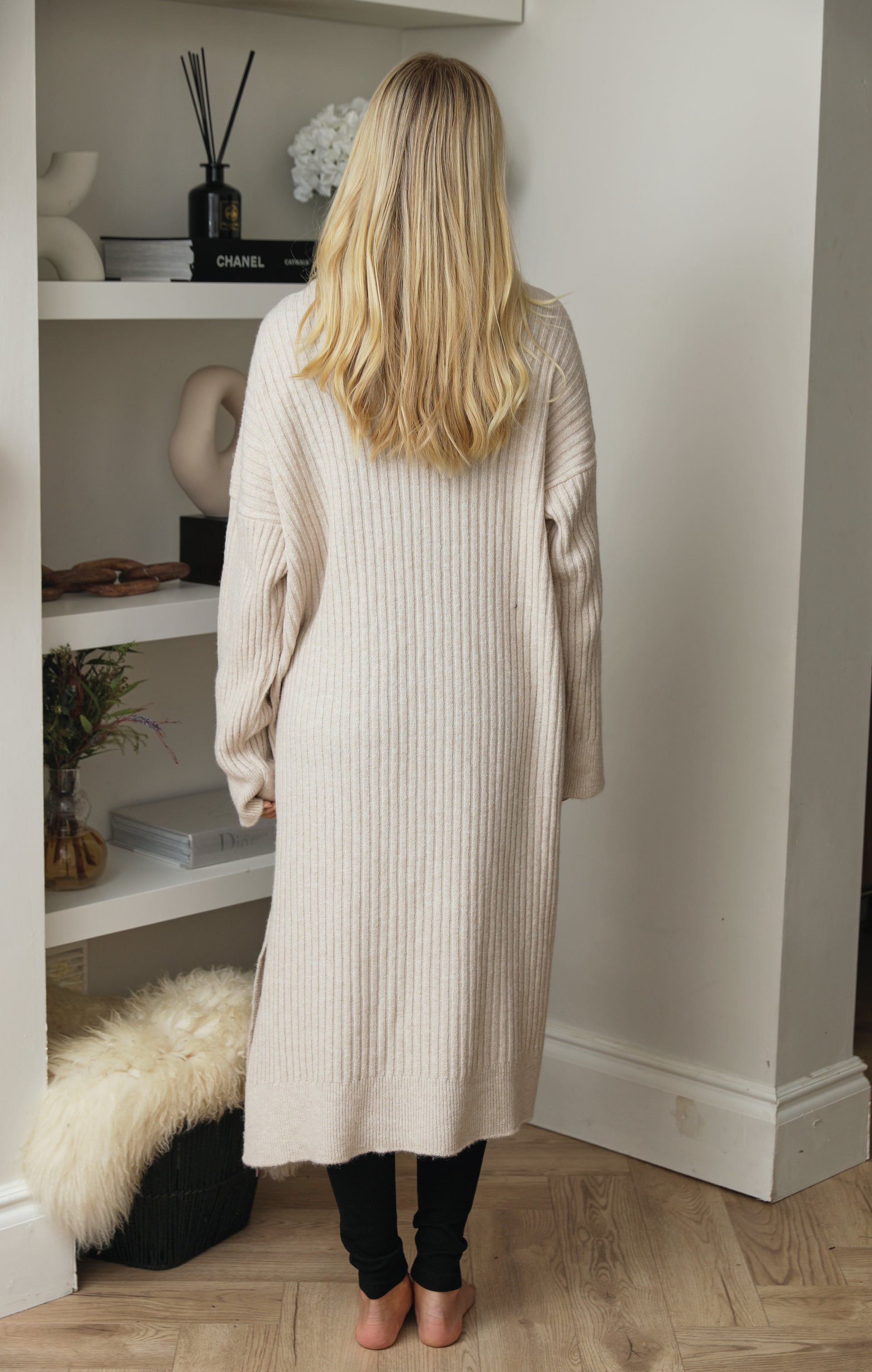 Ladies Pale Sand Luxury Soft Touch Rib Knitted Side Split Long Sleeve Longer Line Cardigan - Chloe - Nova Notte