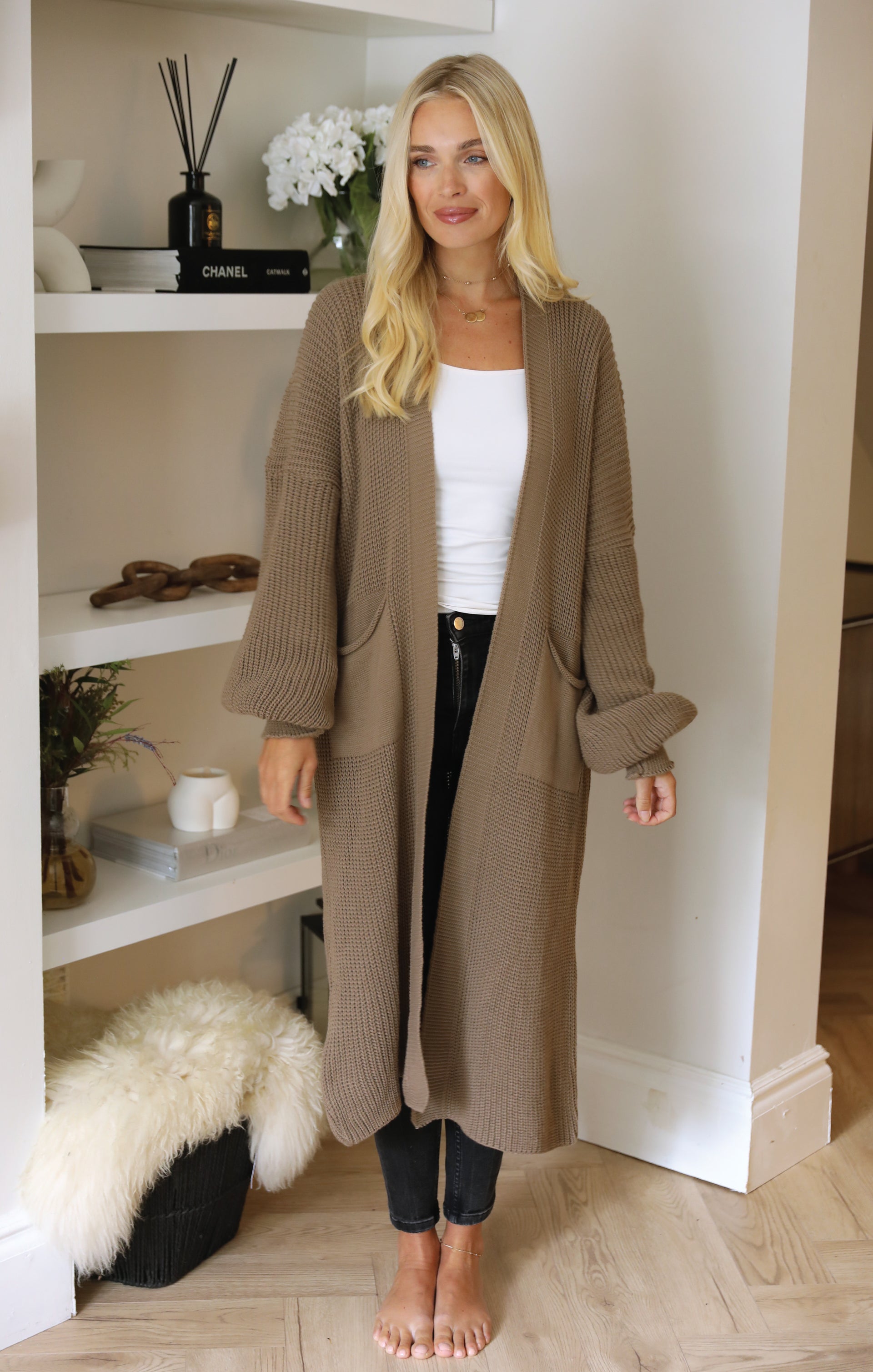 Ladies Mocha Balloon Sleeve Oversized Drape Chunky Knitted Cardigan - Olivia - Nove Notte