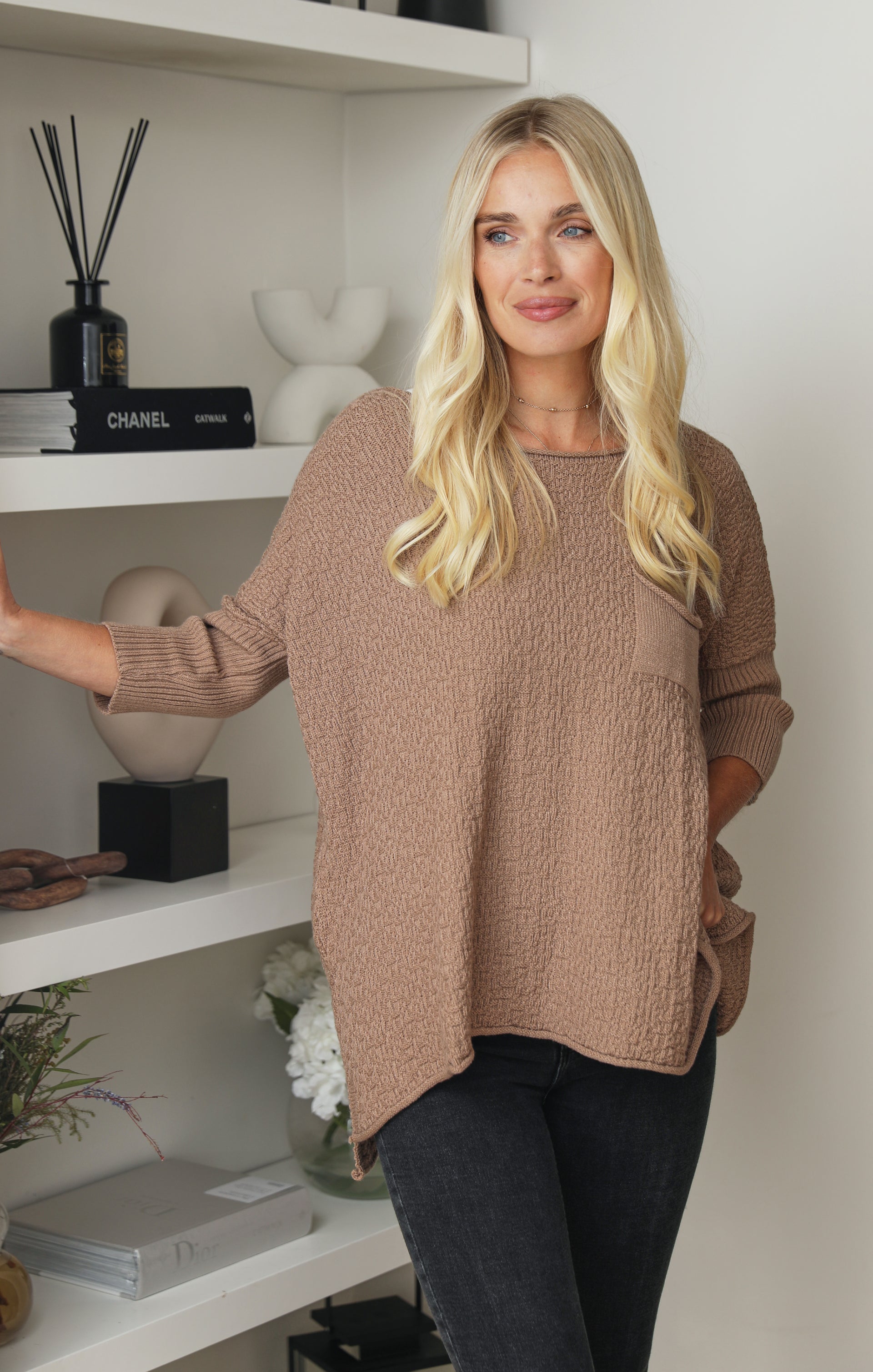 Ladies Mocha Luxury Textured Knit 3/4 Sleeve Pocket Detail Swing Jumper - Penelope - Nova Notte