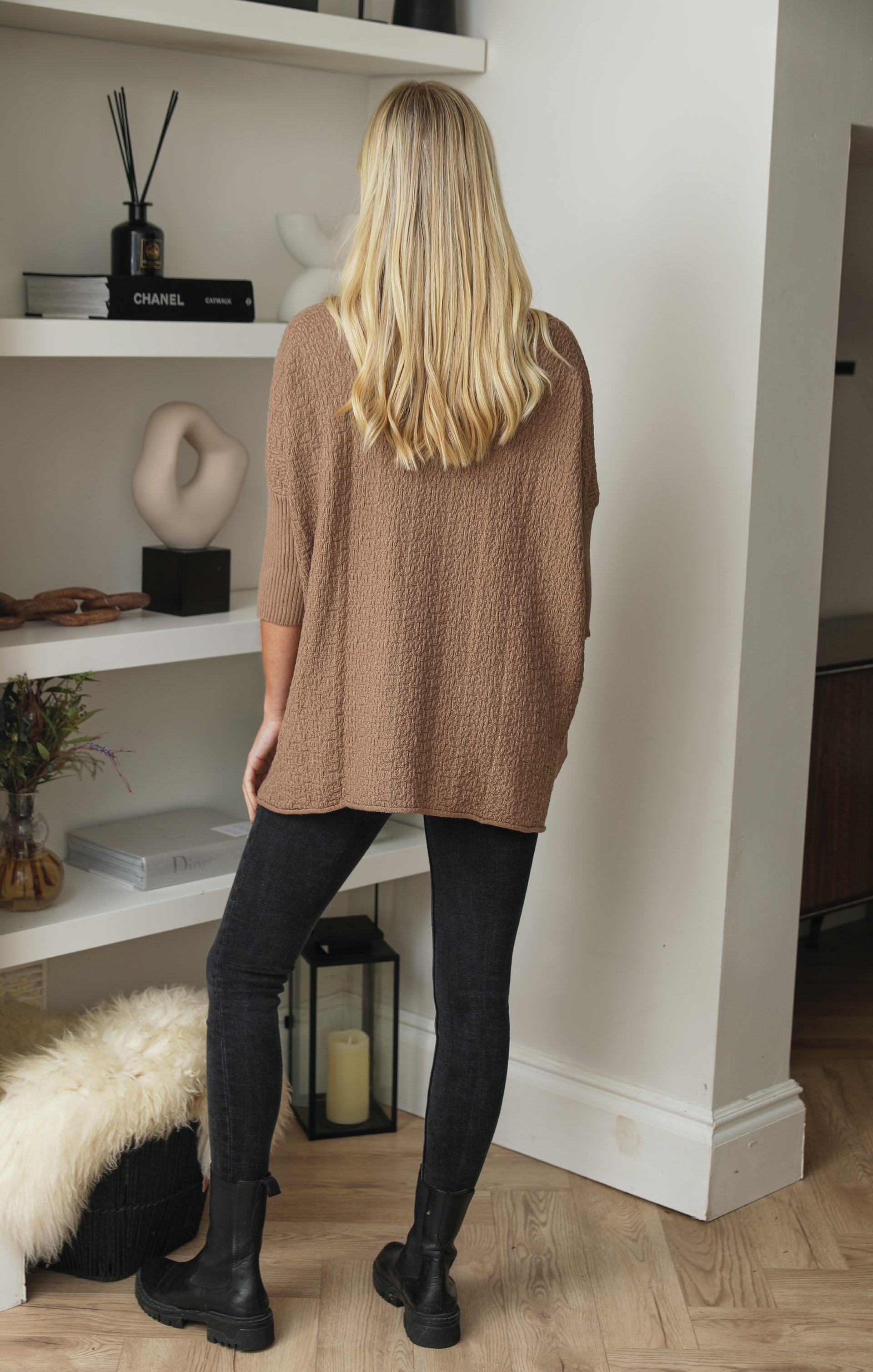 Ladies Mocha Luxury Textured Knit 3/4 Sleeve Pocket Detail Swing Jumper - Penelope - Nova Notte