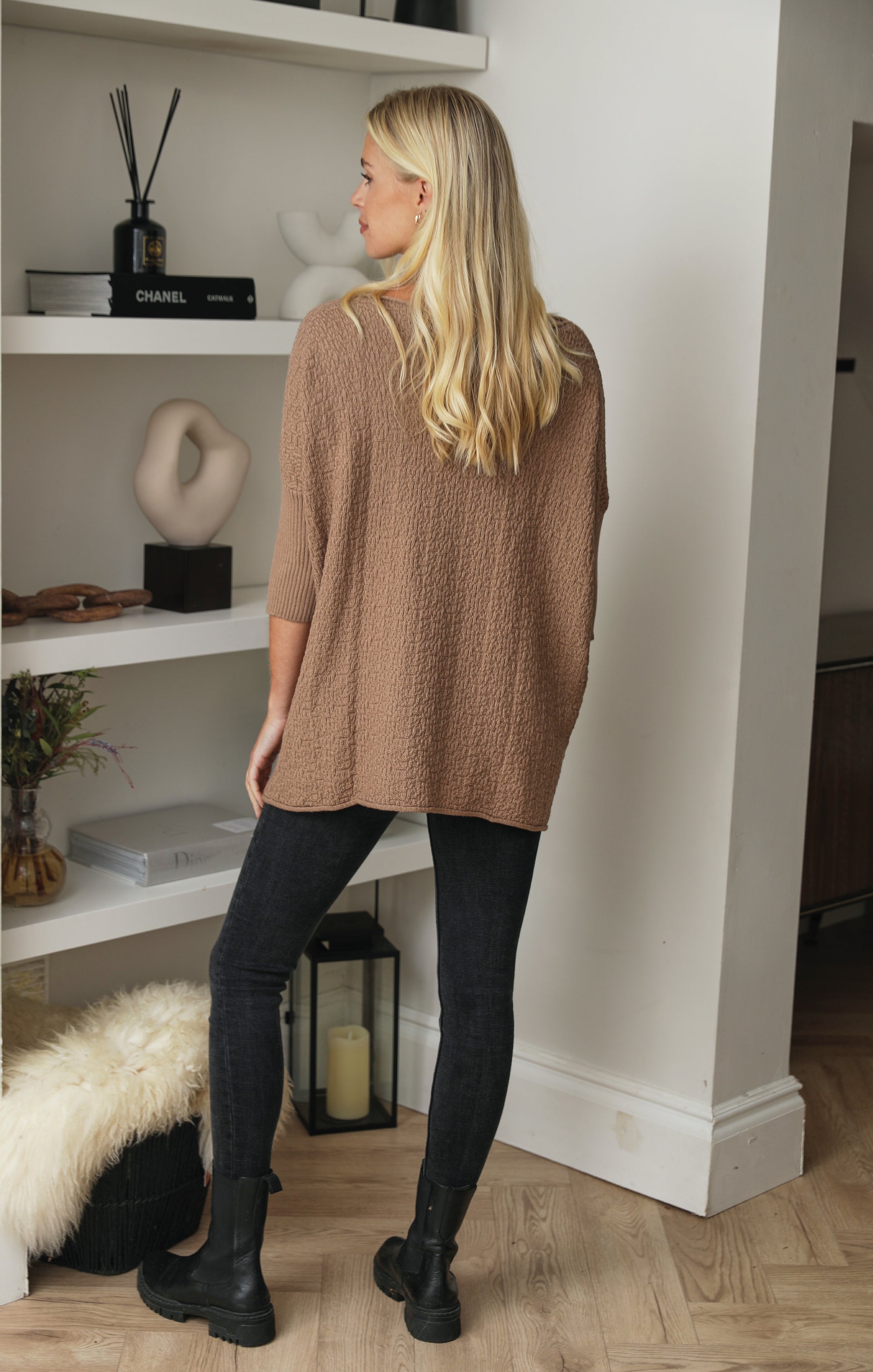 Ladies Mocha Luxury Textured Knit 3/4 Sleeve Pocket Detail Swing Jumper - Penelope - Nova Notte