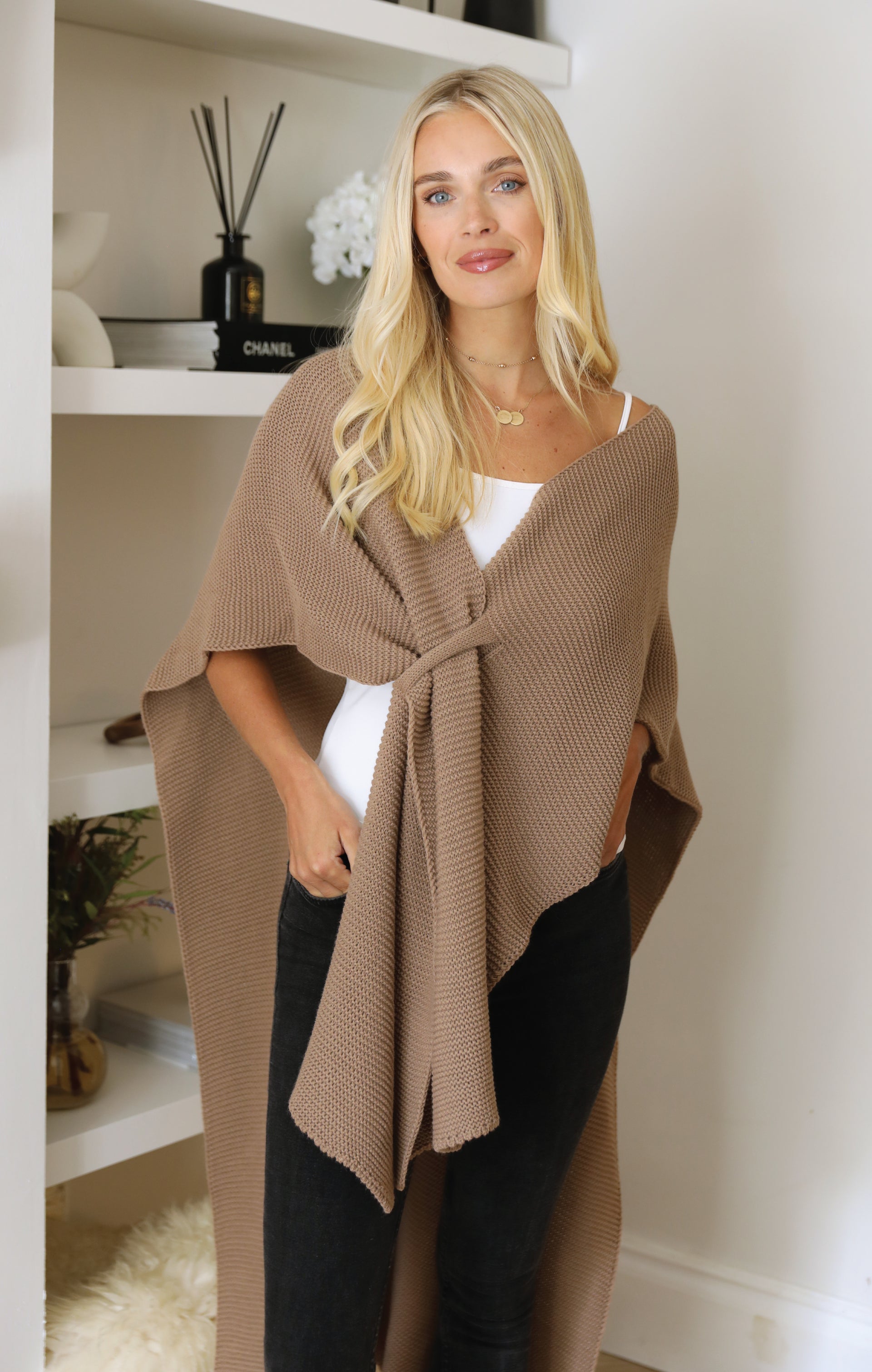 Ladies Mocha Textured Knit Tuck Through Cardigan - Charlotte - Nova Notte