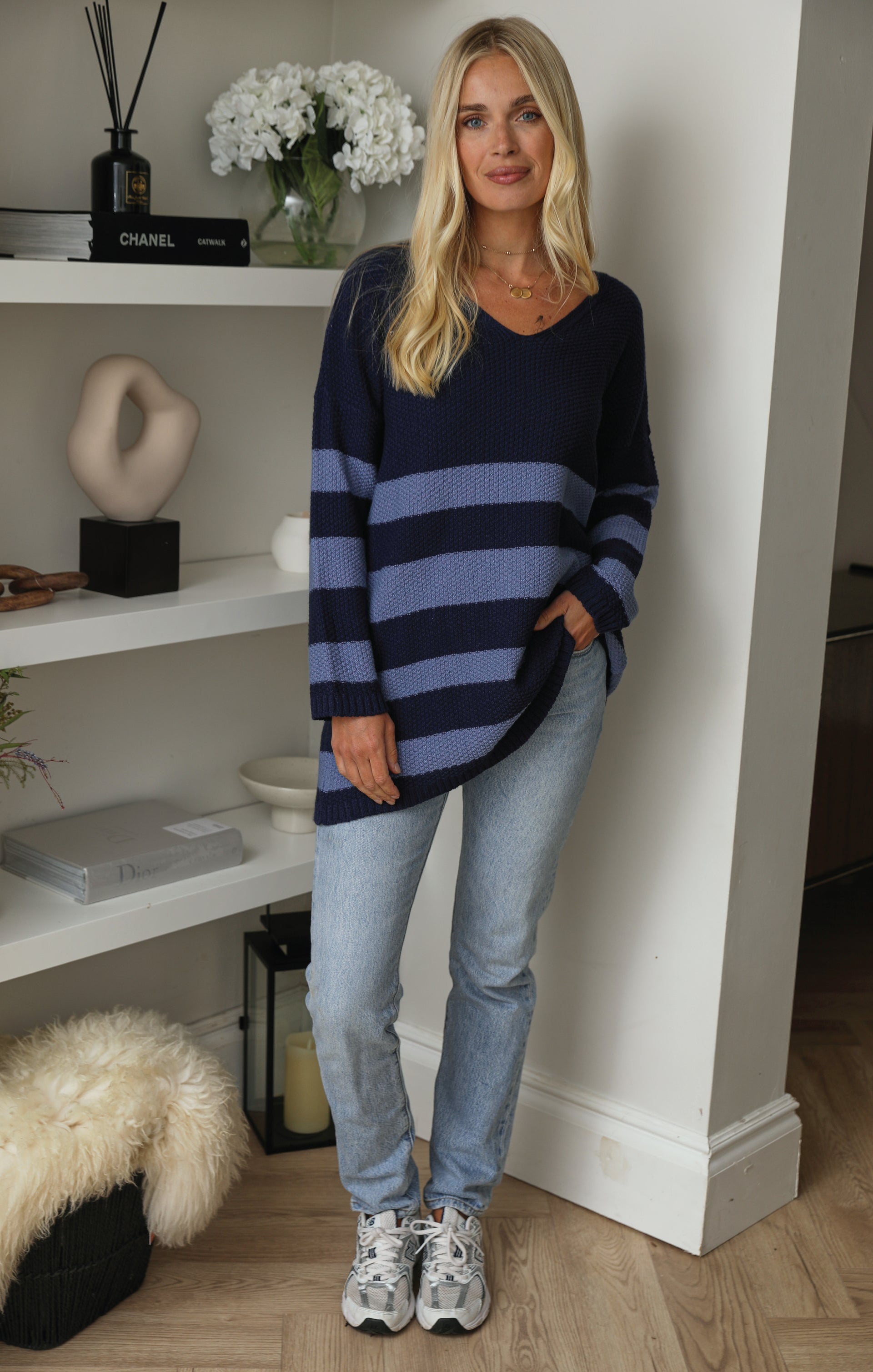 Ladies Navy & Blue Textured Knit Chunky Stripe V Neck Jumper  - Sophia - Nova Notte