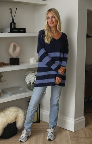 Navy & Blue Textured Knit Chunky Stripe V Neck Jumper  - Sophia - Nova Notte