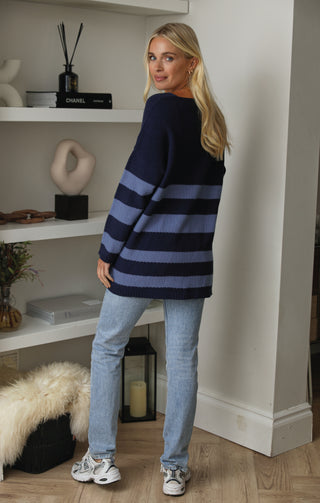 Navy & Blue Textured Knit Chunky Stripe V Neck Jumper  - Sophia - Nova Notte