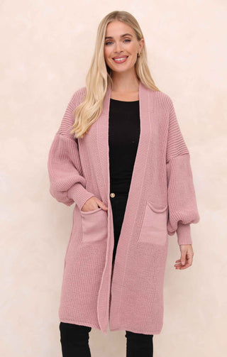 Dusky Pink Balloon Sleeve Oversized Drape Chunky Knitted Cardigan - Olivia