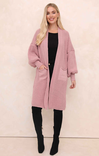 Dusky Pink Balloon Sleeve Oversized Drape Chunky Knitted Cardigan - Olivia