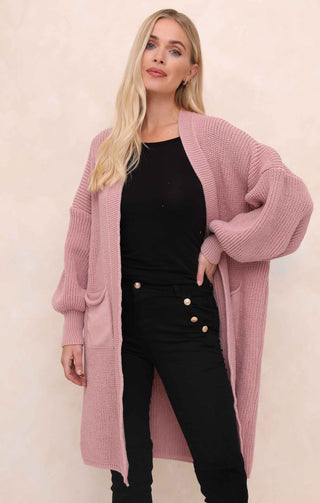 Dusky Pink Balloon Sleeve Oversized Drape Chunky Knitted Cardigan - Olivia