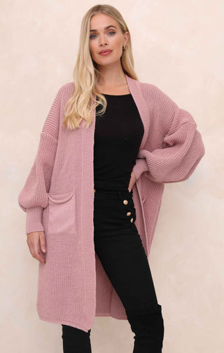 Dusky Pink Balloon Sleeve Oversized Drape Chunky Knitted Cardigan - Olivia