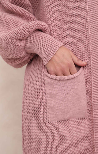 Dusky Pink Balloon Sleeve Oversized Drape Chunky Knitted Cardigan - Olivia