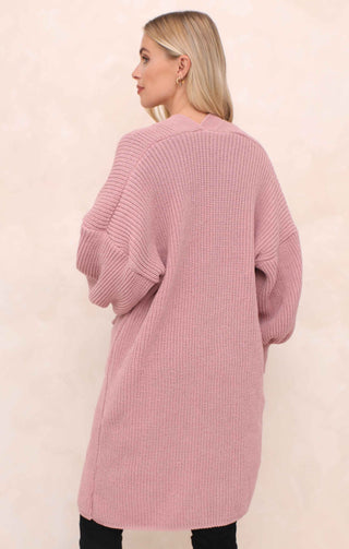 Dusky Pink Balloon Sleeve Oversized Drape Chunky Knitted Cardigan - Olivia