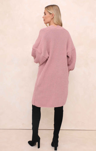 Dusky Pink Balloon Sleeve Oversized Drape Chunky Knitted Cardigan - Olivia
