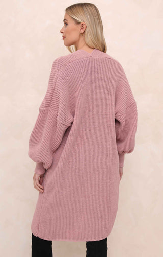 Dusky Pink Balloon Sleeve Oversized Drape Chunky Knitted Cardigan - Olivia