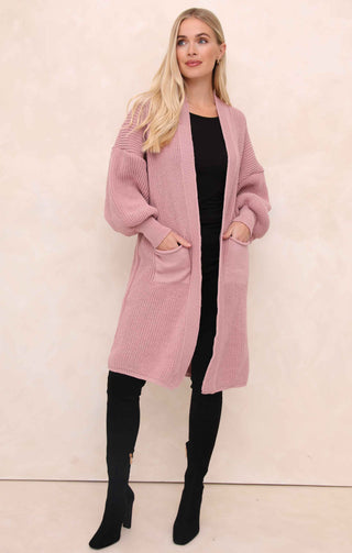 Dusky Pink Balloon Sleeve Oversized Drape Chunky Knitted Cardigan - Olivia