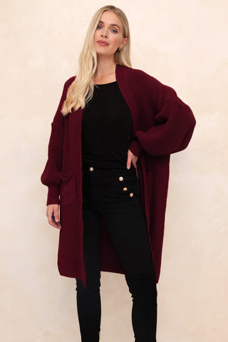 Wine Balloon Sleeve Oversized Drape Chunky Knitted Cardigan - Olivia