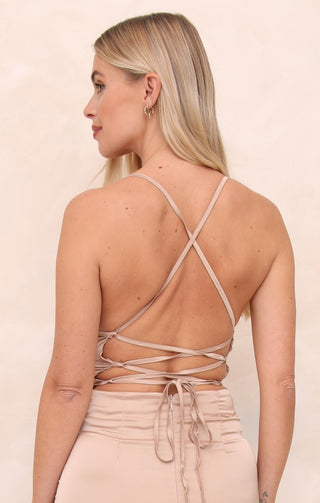 Nude Satin Cowl Neck Strap Detail Midi Dress - Zoe