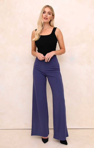 Ladies Navy Tailored Mid Rise Flare Leg Trouser - Stella