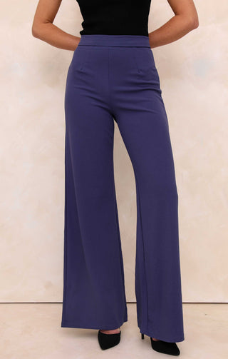 Ladies Navy Tailored Mid Rise Flare Leg Trouser - Stella