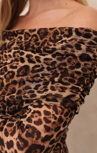 Ladies Leopard Print Bardot Long Sleeve Ruched Mesh Midi Dress - Ivy