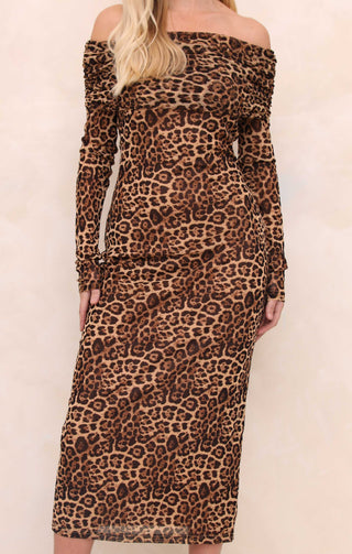 Ladies Leopard Print Bardot Long Sleeve Ruched Mesh Midi Dress - Ivy