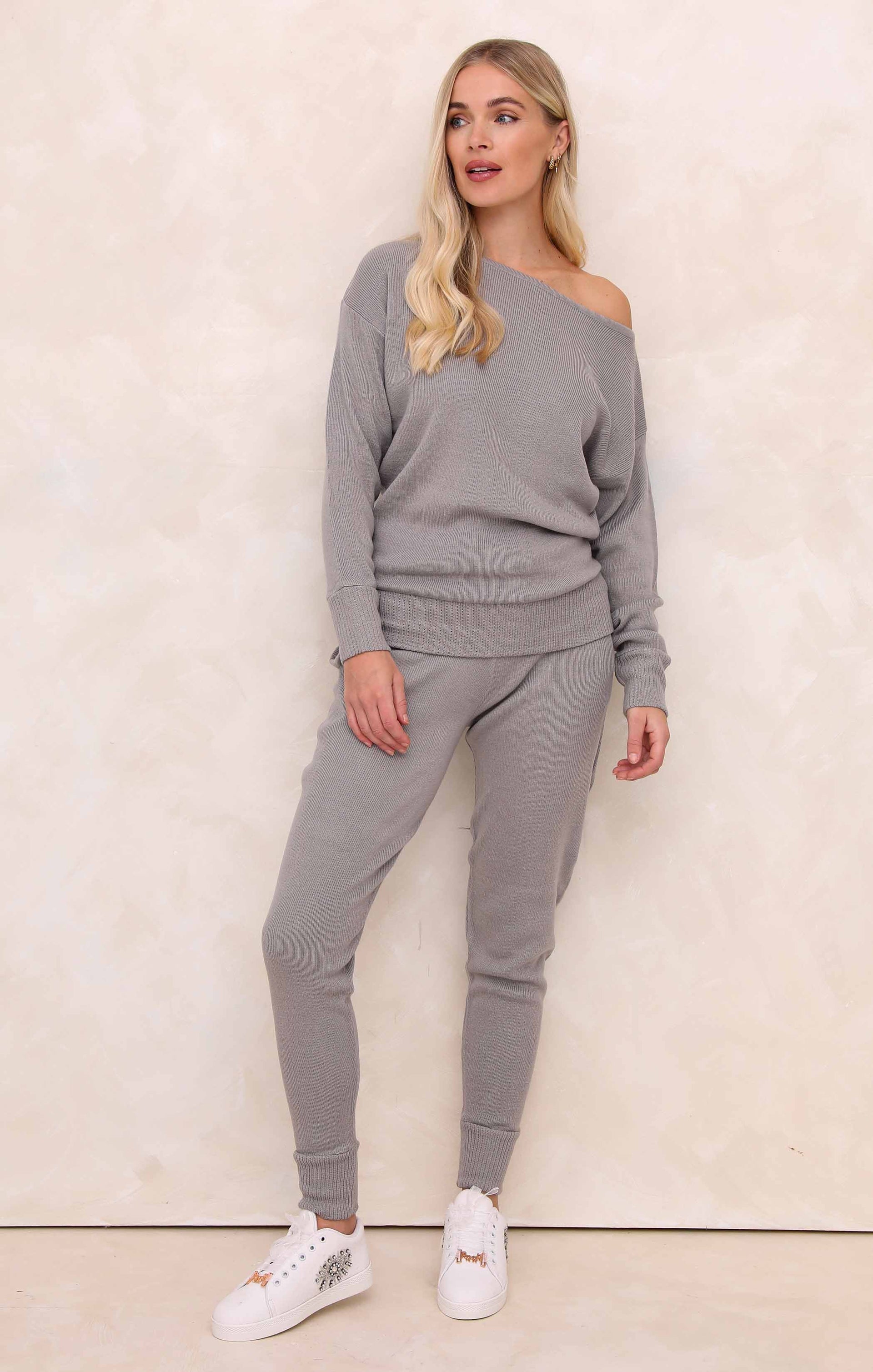 Ladies Dove Grey Two Piece Knitted Lounge Set - Addison