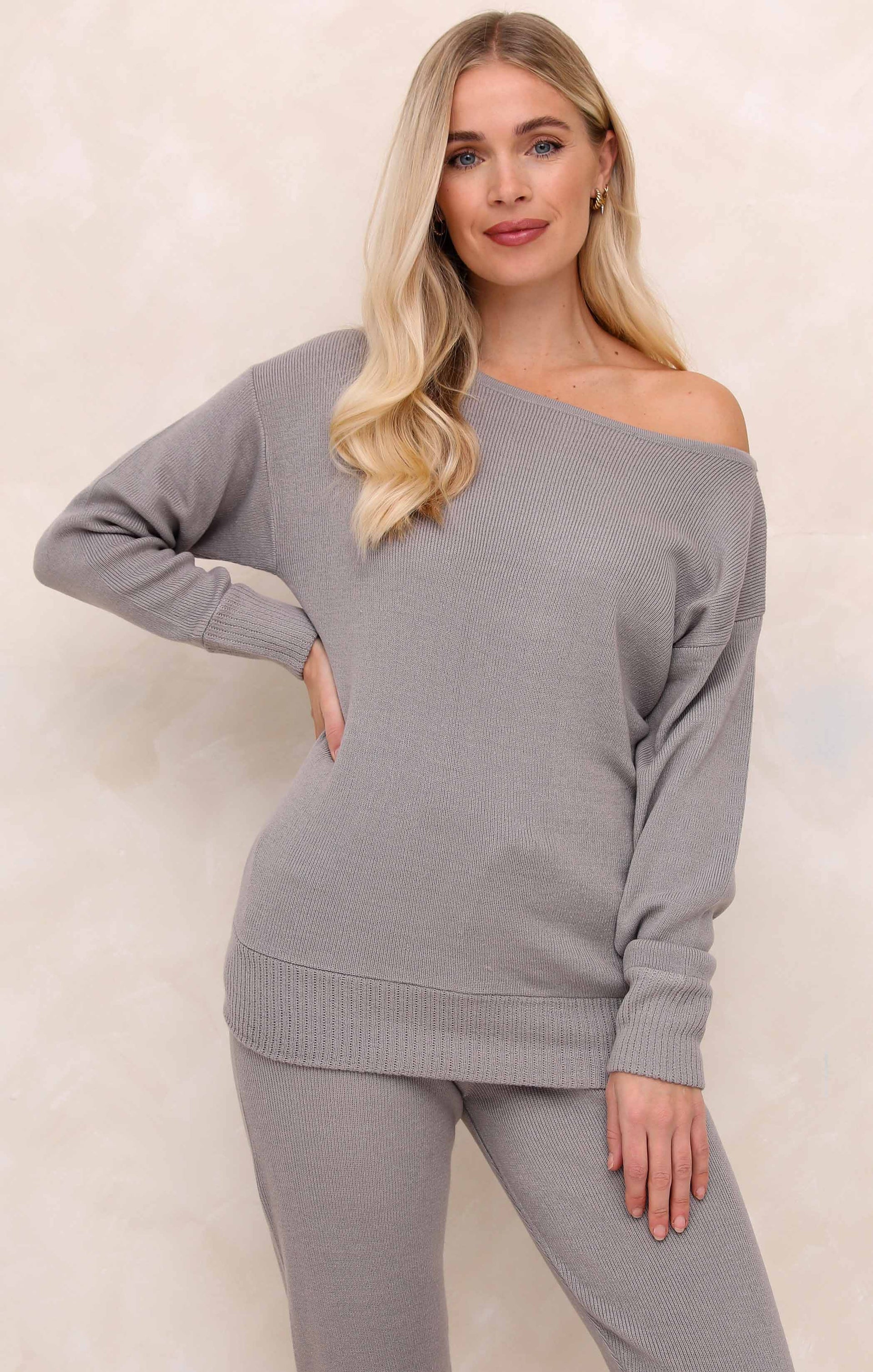 Ladies Dove Grey Two Piece Knitted Lounge Set - Addison 