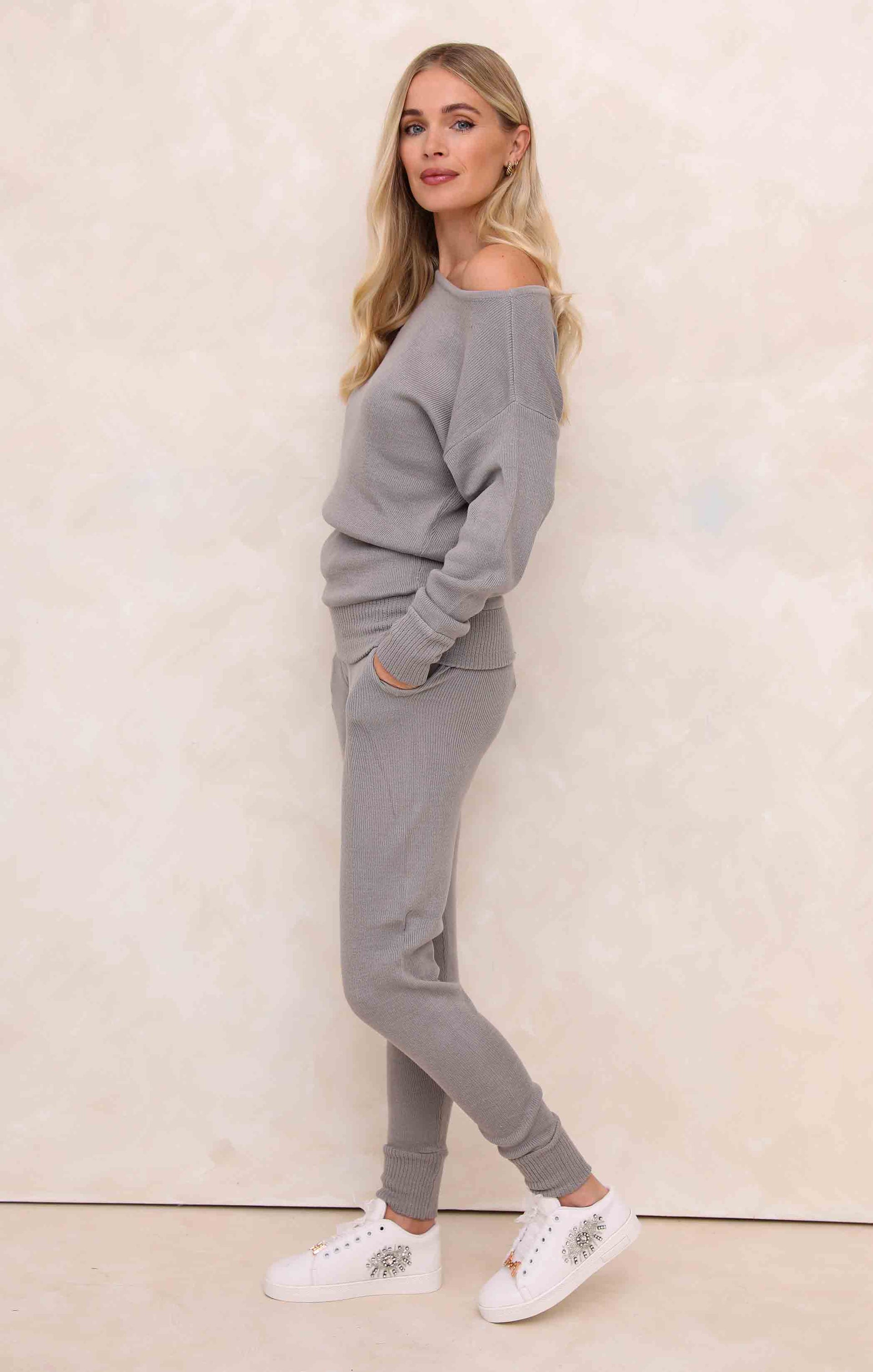 Ladies Dove Grey Two Piece Knitted Lounge Set - Addison 