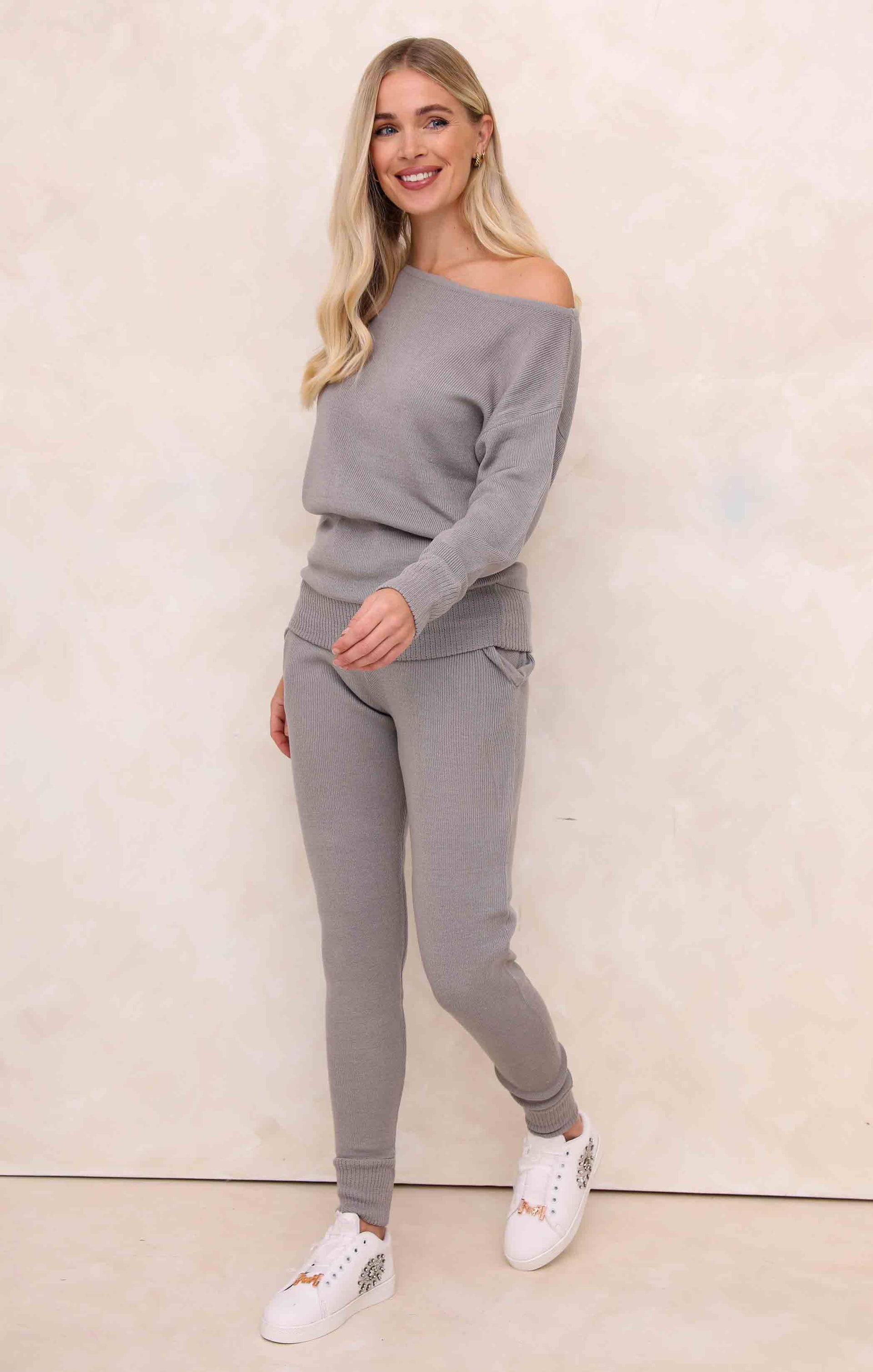 Ladies Dove Grey Two Piece Knitted Lounge Set - Addison 