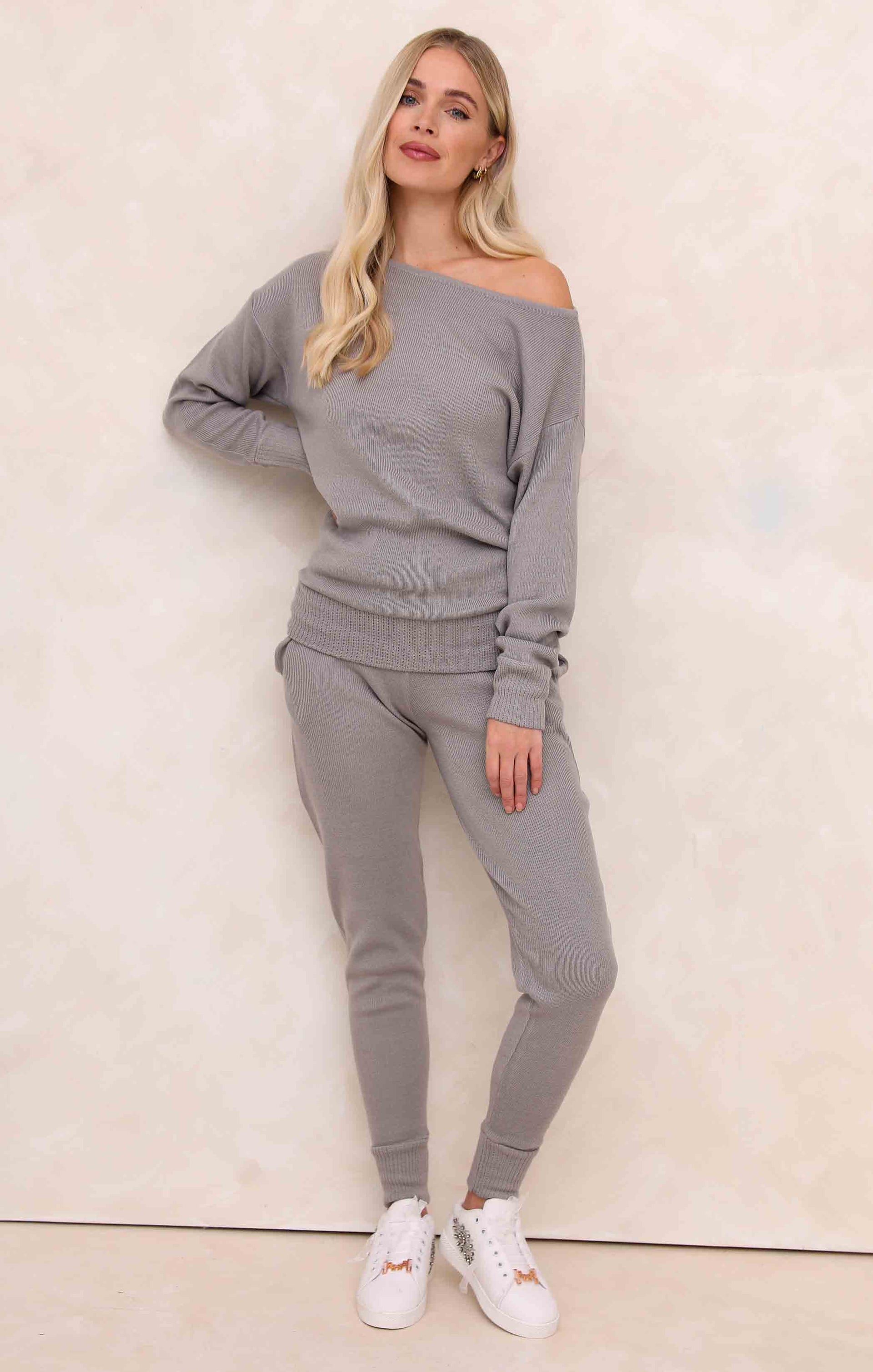 Ladies Dove Grey Two Piece Knitted Lounge Set - Addison 