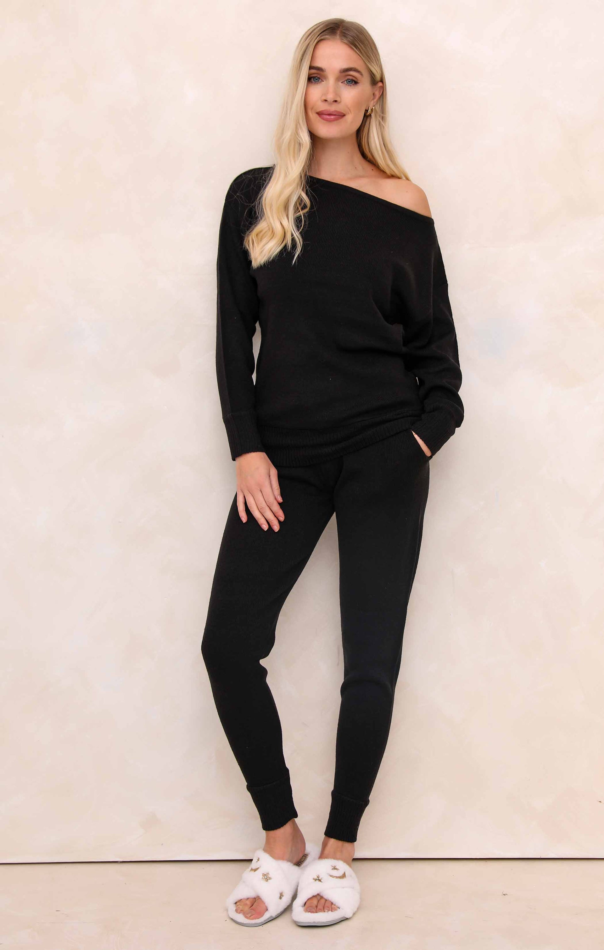 Ladies Black Two Piece Knitted Lounge Set - Addison