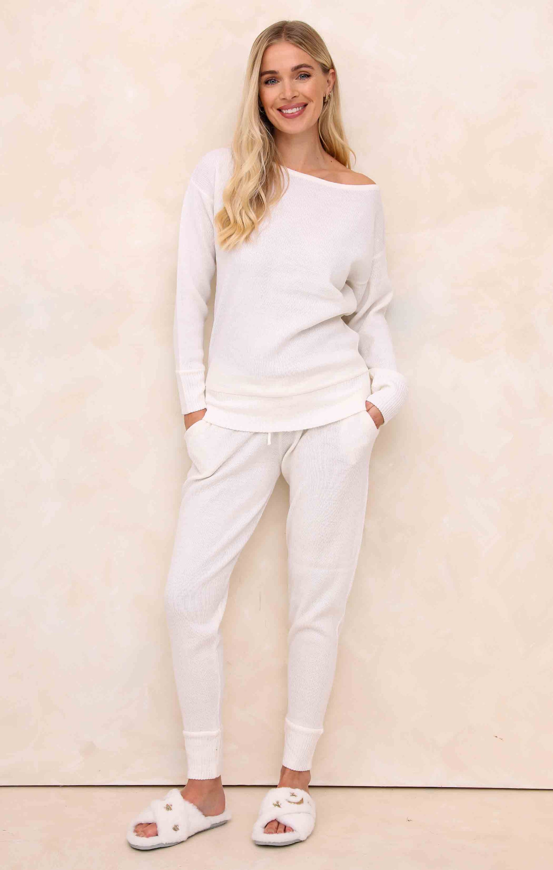 Ladies Cream Two Piece Knitted Lounge Set - Addison