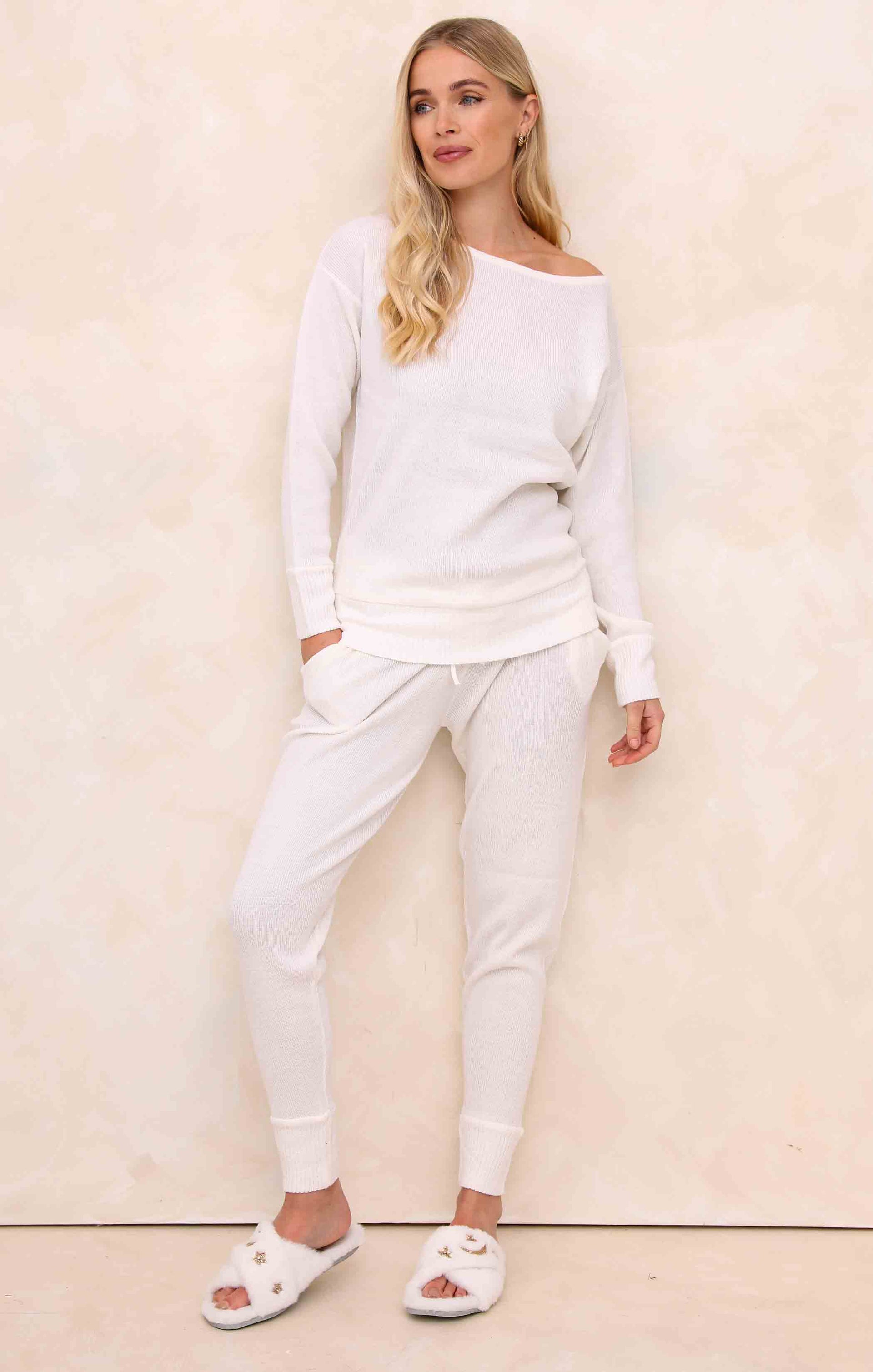 Ladies Cream Two Piece Knitted Lounge Set - Addison