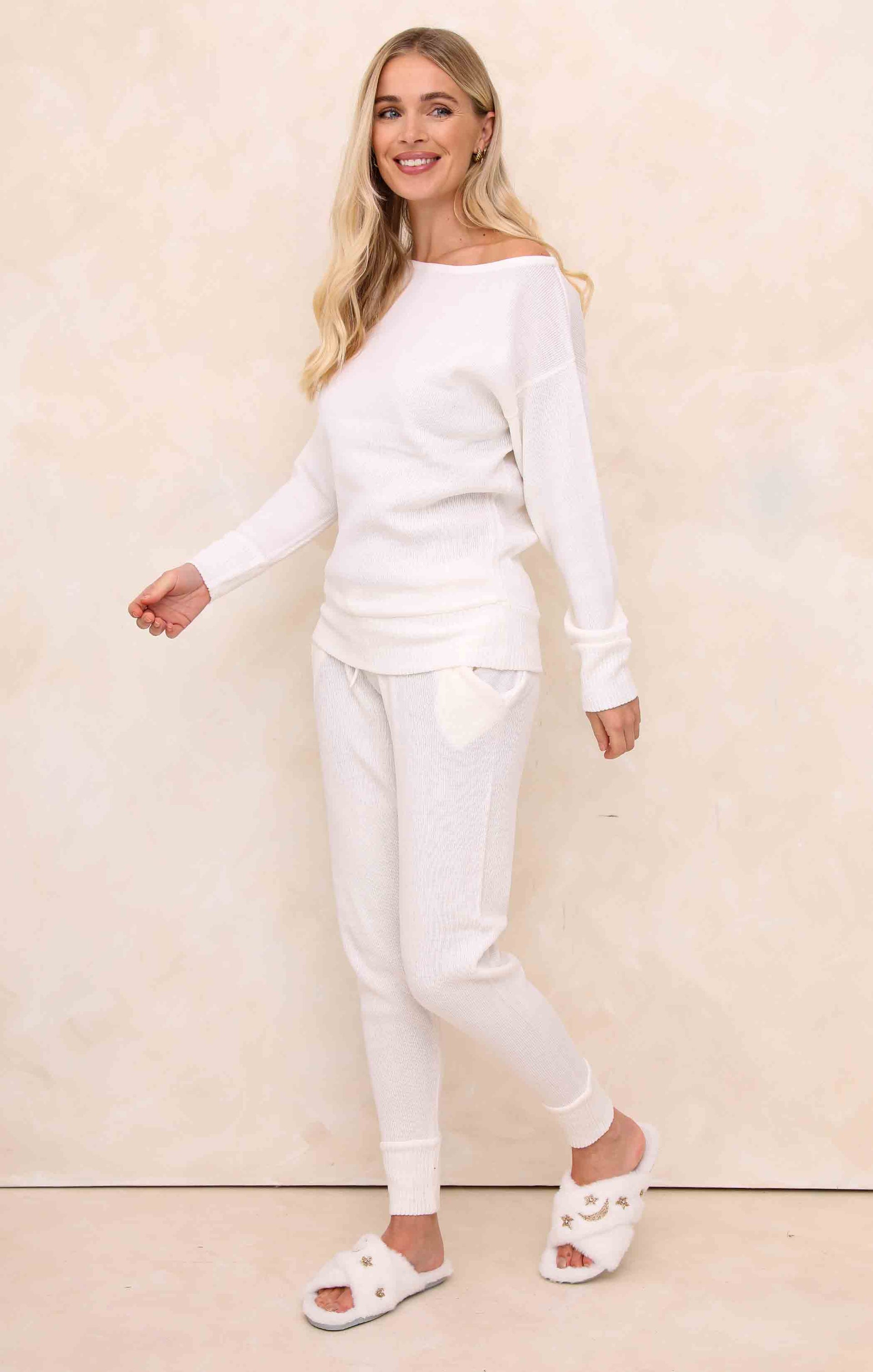 Ladies Cream Two Piece Knitted Lounge Set - Addison