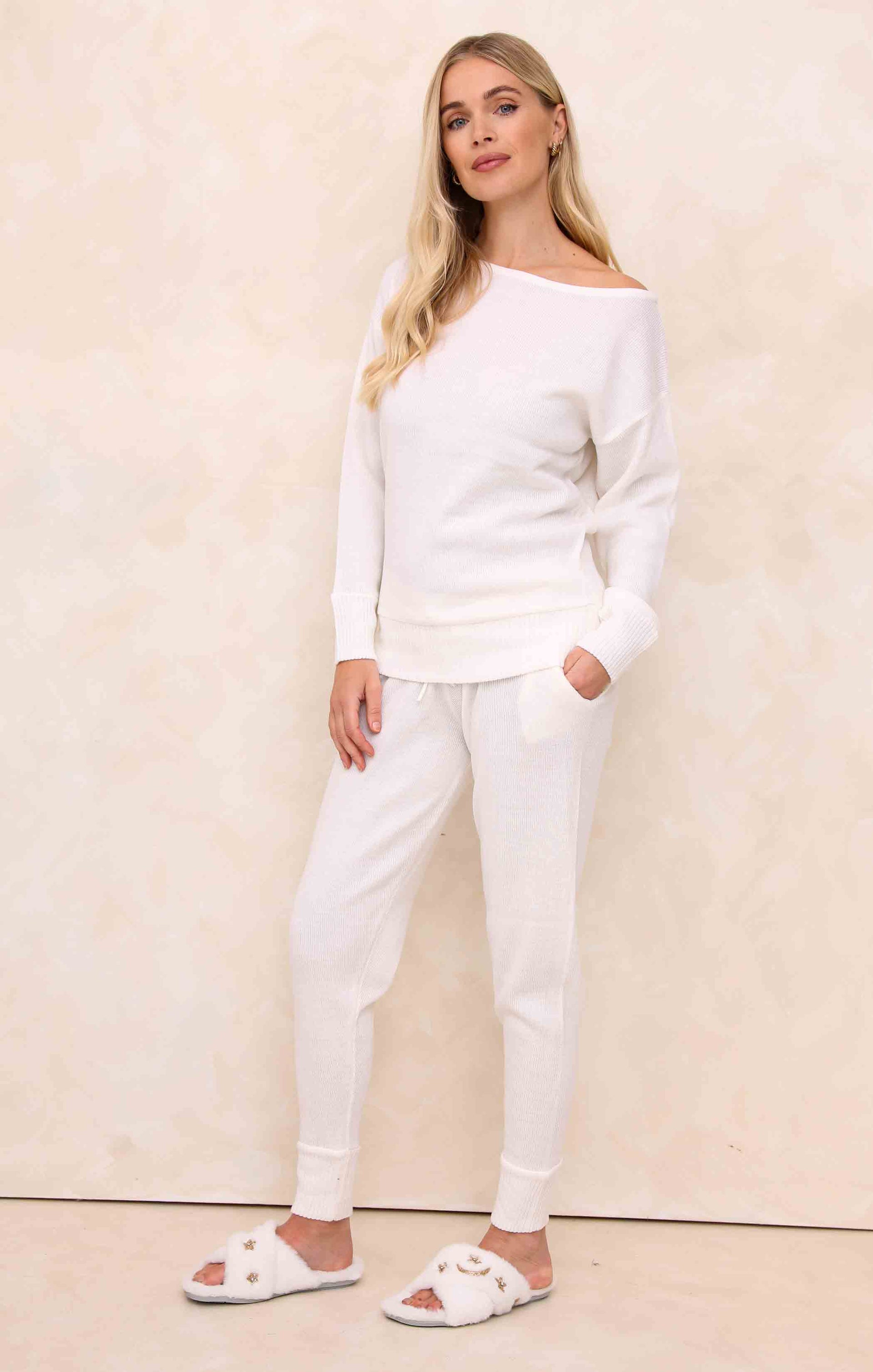 Ladies Cream Two Piece Knitted Lounge Set - Addison