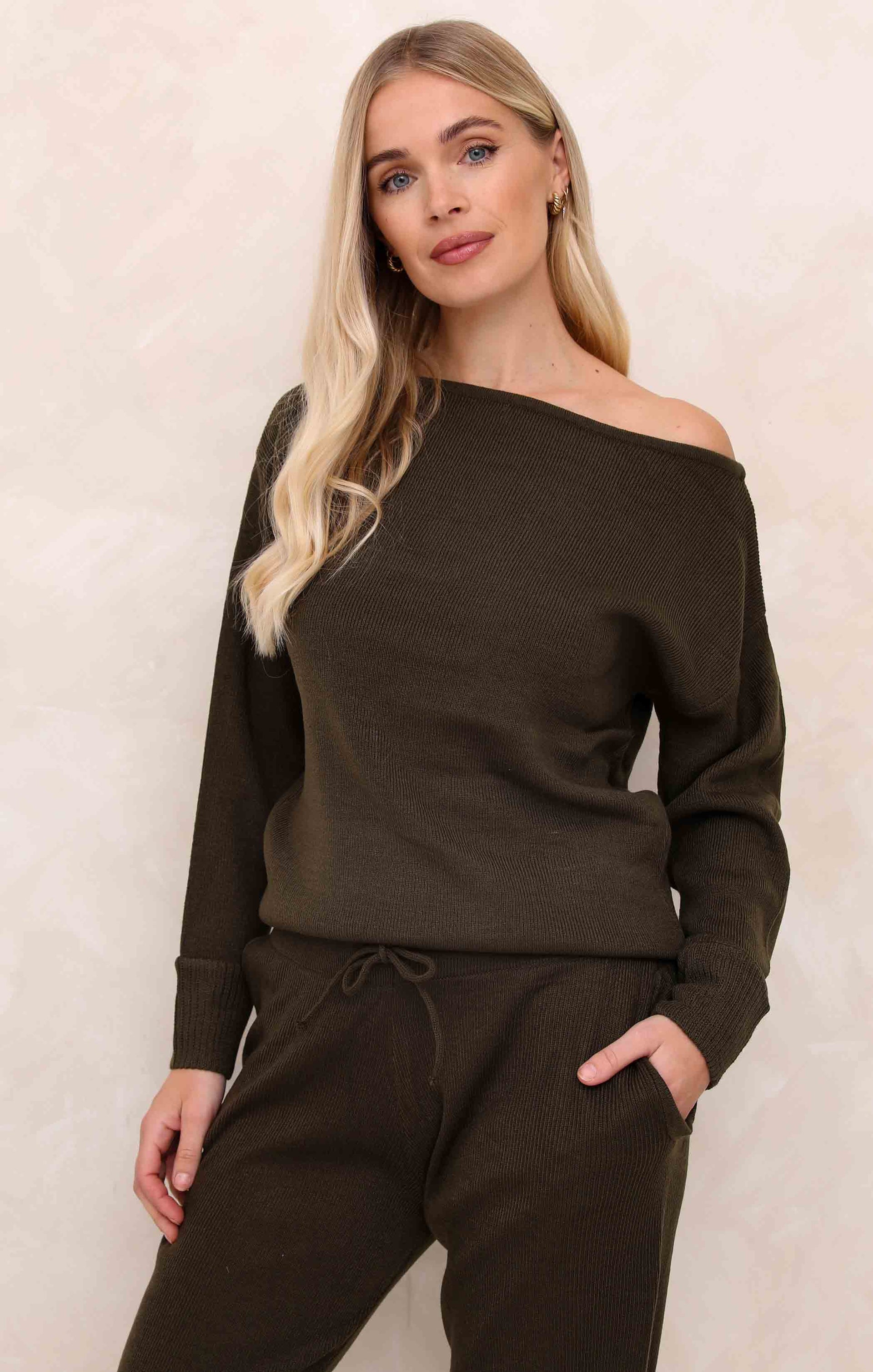 Ladies Khaki Two Piece Knitted Lounge Set - Addison