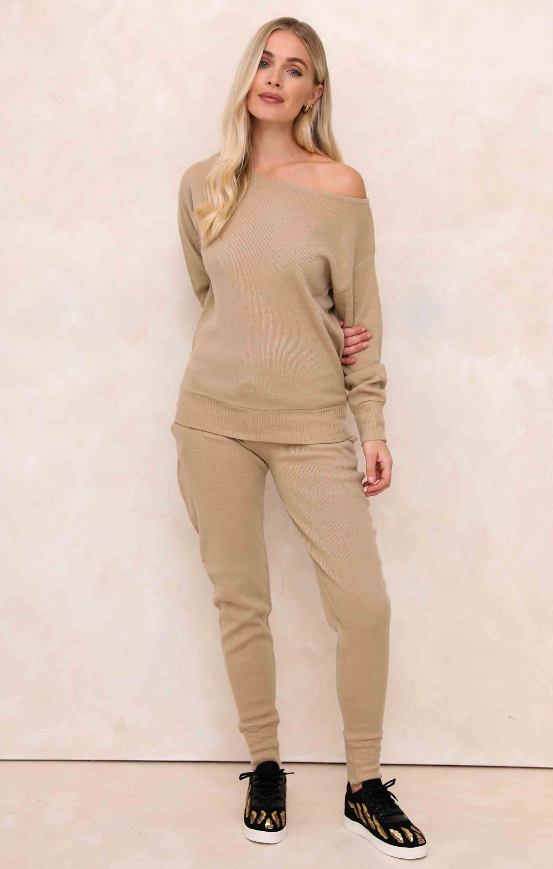 Ladies Stone Two Piece Knitted Lounge Set - Addison