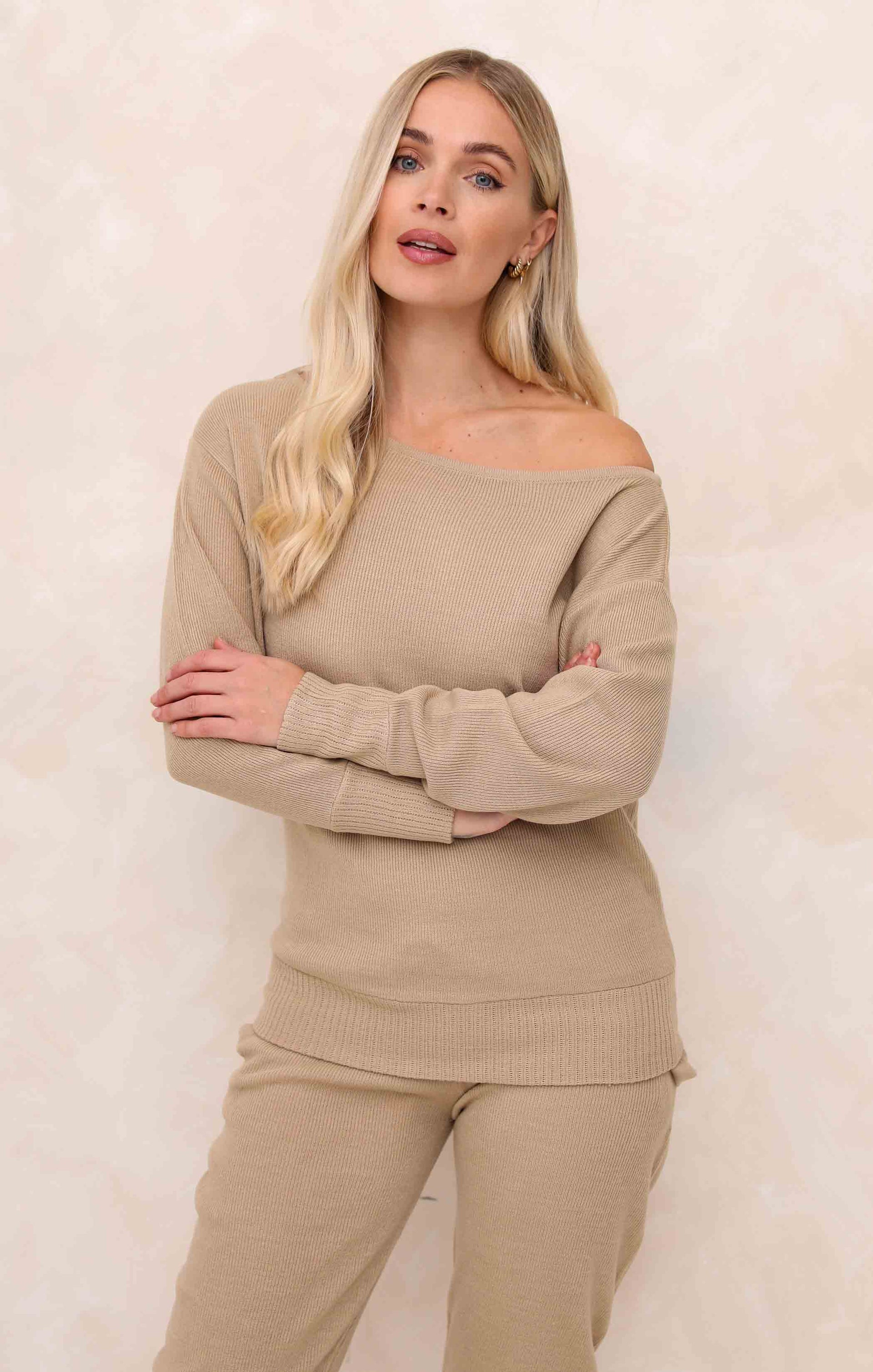 Ladies Stone Two Piece Knitted Lounge Set - Addison