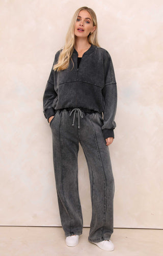 Black Acid Wash Crew Neck Zip Front Lounge Set With Flared Trousers - Natalie