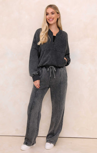 Black Acid Wash Crew Neck Zip Front Lounge Set With Flared Trousers - Natalie